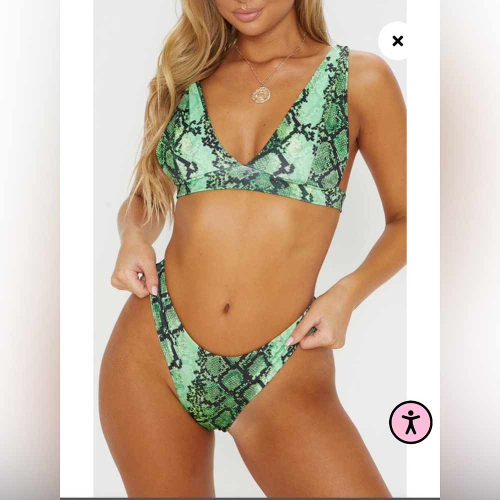 PrettyLittleThing Green Snake High Apex Bikini Top + Bottom